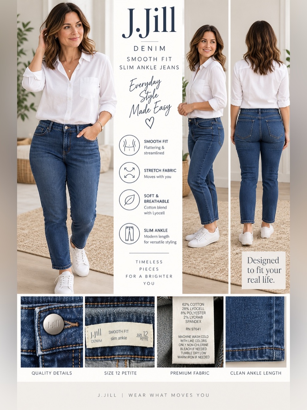 J.Jill Smooth Fit Slim Ankle Jeans Women 12 Petite Stretch Dark Wash